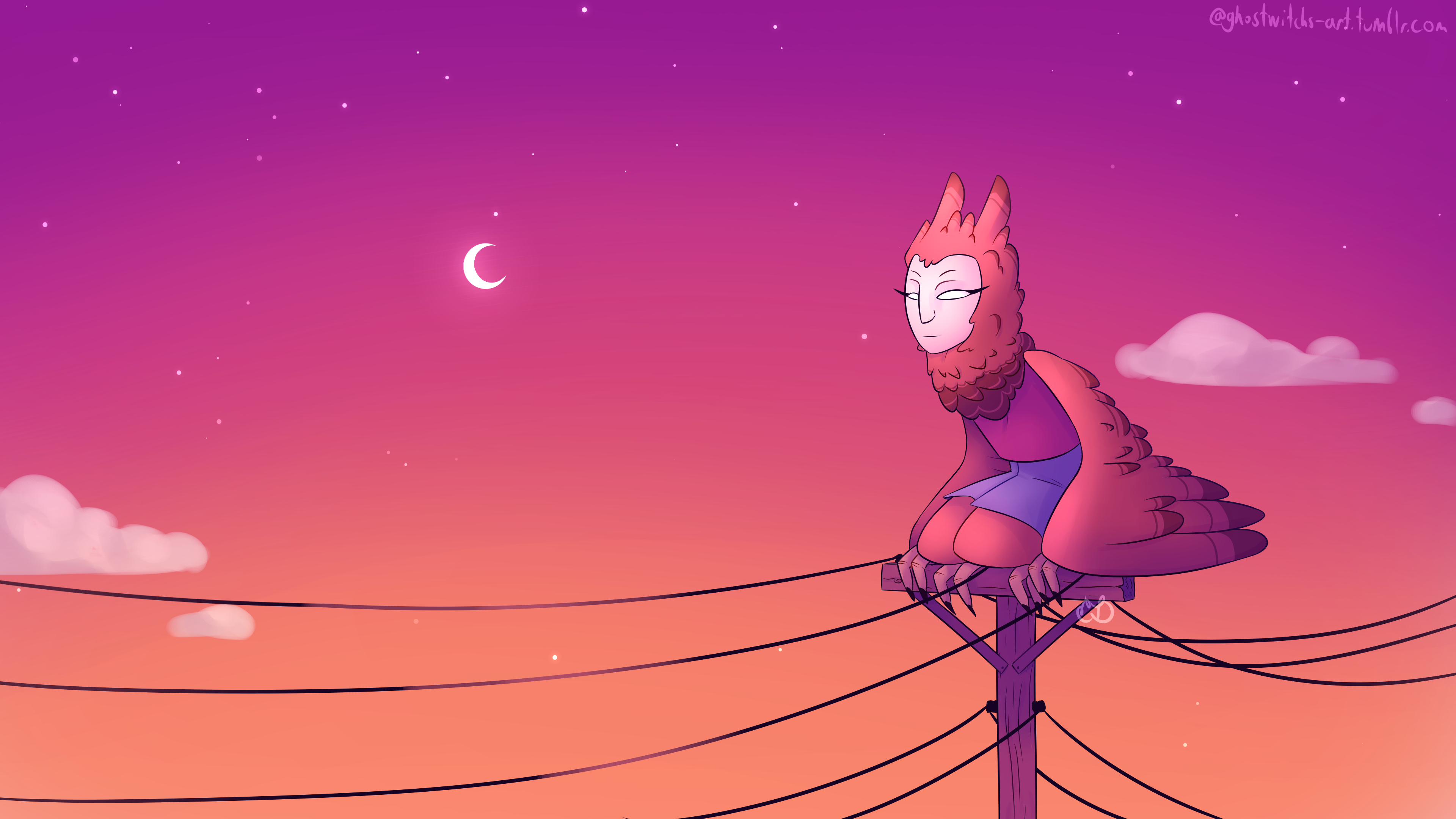 Valentine is perched on the top of a telephone pole. The sun is setting, turning the sky orange, pink, and purple. The crescent moon is visible alongside some stars and clouds.